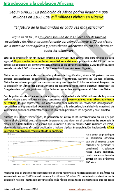 Población africana en 2100: 4.000 millones. 2030: 33% nacimientos mundiales (África)