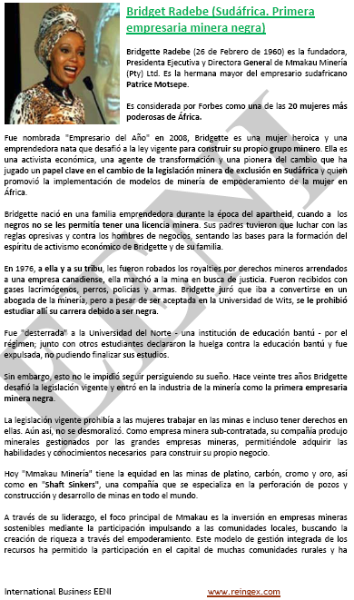 Bridgette Radebe: primera mujer de negocios sudafricana (Sudáfrica, Comercio Exterior)