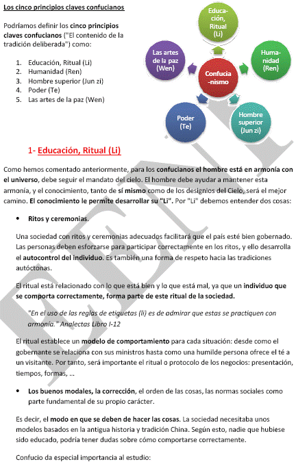 Ética Confuciana. Los cinco principios claves confucianos: la Educación - Ritual (Li), la Humanidad (Ren), el hombre superior (Jun zi), Poder (Te)