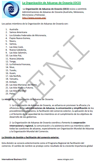 Organización de Aduanas de Oceanía (OCO), Australia, Melanesia, Micronesia, Polinesia, Niue, Tuvalu, Guam, Tonga